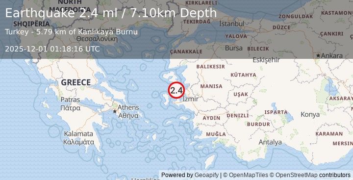 Earthquake NEAR THE COAST OF WESTERN TURKEY (2.4 ml) (2025-12-01 01:18:16 UTC)