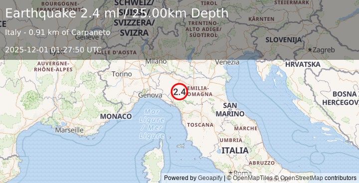 Earthquake NORTHERN ITALY (2.4 ml) (2025-12-01 01:27:50 UTC)