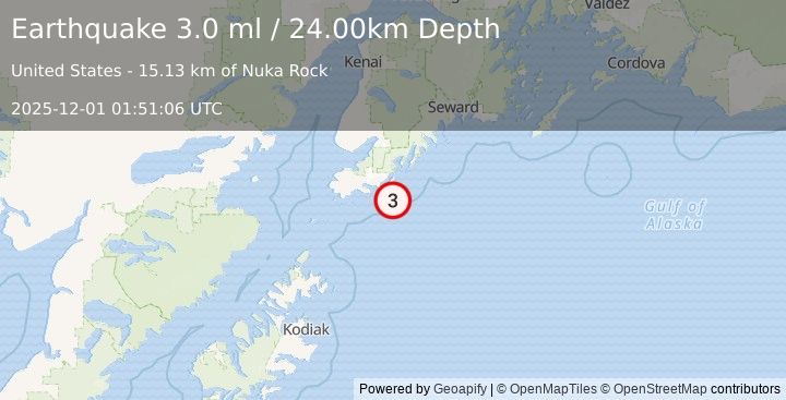 Earthquake KENAI PENINSULA, ALASKA (3.0 ml) (2025-12-01 01:51:06 UTC)