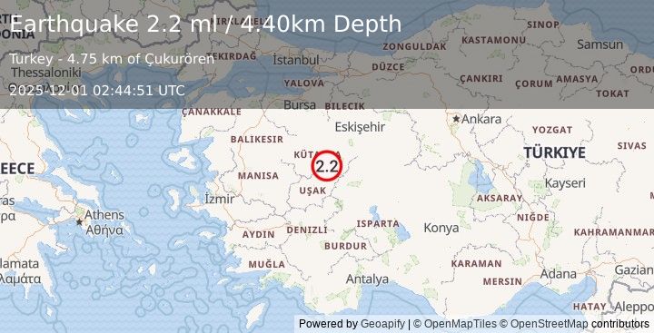 Earthquake WESTERN TURKEY (2.2 ml) (2025-12-01 02:44:51 UTC)