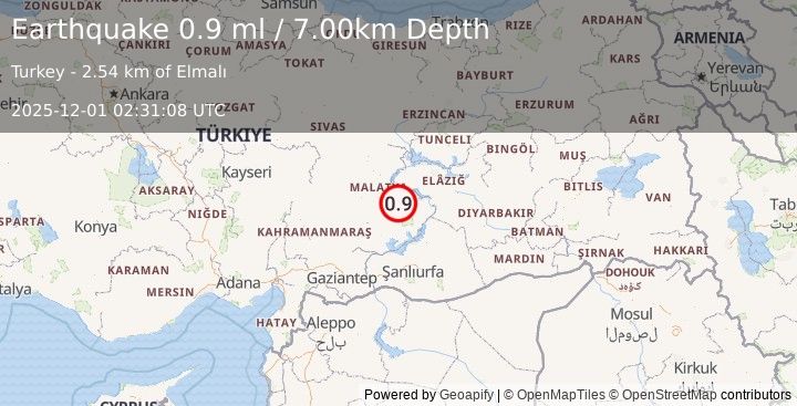 Earthquake EASTERN TURKEY (0.9 ml) (2025-12-01 02:31:08 UTC)