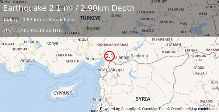 Earthquake CENTRAL TURKEY (2.1 ml) (2025-12-01 03:00:20 UTC)
