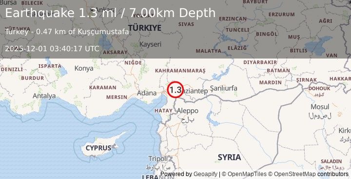 Earthquake CENTRAL TURKEY (1.3 ml) (2025-12-01 03:40:17 UTC)