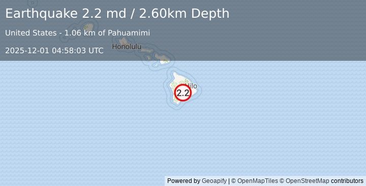 Earthquake ISLAND OF HAWAII, HAWAII (2.2 md) (2025-12-01 04:58:03 UTC)