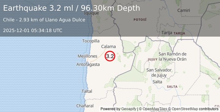 Earthquake ANTOFAGASTA, CHILE (3.2 ml) (2025-12-01 05:34:18 UTC)