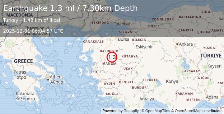 Earthquake WESTERN TURKEY (1.3 ml) (2025-12-01 06:04:57 UTC)