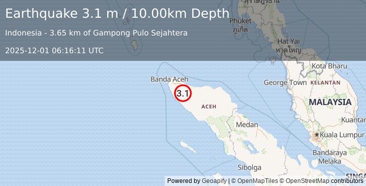 Earthquake NORTHERN SUMATRA, INDONESIA (3.1 m) (2025-12-01 06:16:11 UTC)