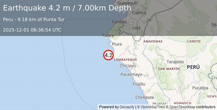 Earthquake NEAR COAST OF NORTHERN PERU (4.2 ml) (2025-12-01 06:37:06 UTC)