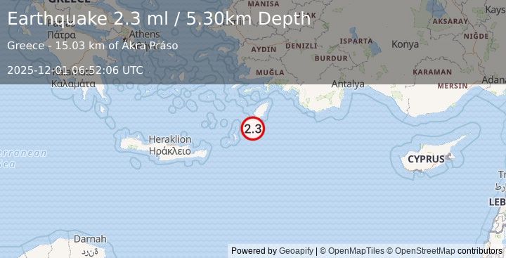 Earthquake DODECANESE ISLANDS, GREECE (2.3 ml) (2025-12-01 06:52:06 UTC)