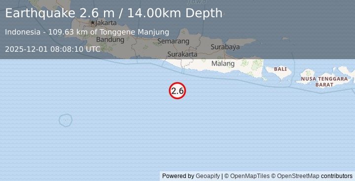 Earthquake SOUTH OF JAVA, INDONESIA (2.6 m) (2025-12-01 08:08:10 UTC)