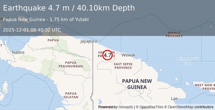 Earthquake NEAR N COAST OF NEW GUINEA, PNG. (4.7 m) (2025-12-01 08:40:32 UTC)