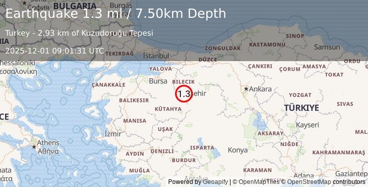 Earthquake WESTERN TURKEY (1.3 ml) (2025-12-01 09:01:31 UTC)