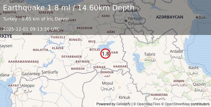Earthquake EASTERN TURKEY (1.8 ml) (2025-12-01 09:13:56 UTC)