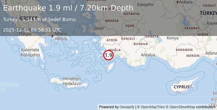 Earthquake DODECANESE IS.-TURKEY BORDER REG (1.9 ml) (2025-12-01 09:58:50 UTC)