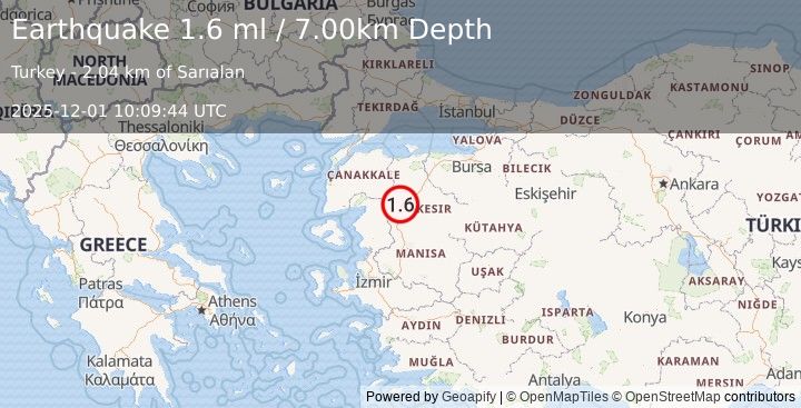 Earthquake WESTERN TURKEY (1.6 ml) (2025-12-01 10:09:43 UTC)