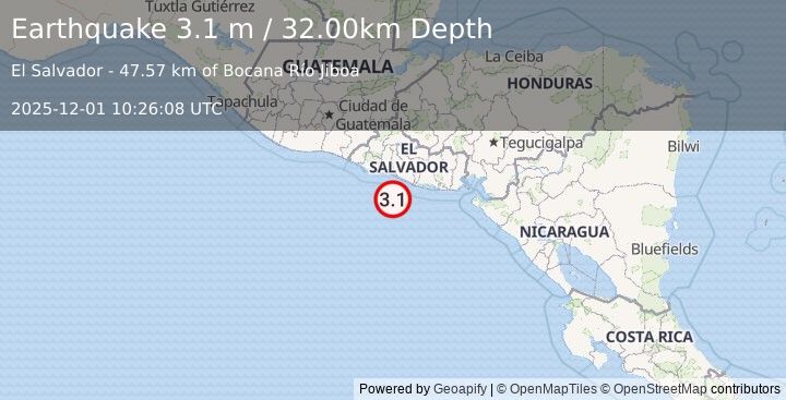 Earthquake OFFSHORE EL SALVADOR (3.1 m) (2025-12-01 10:26:08 UTC)