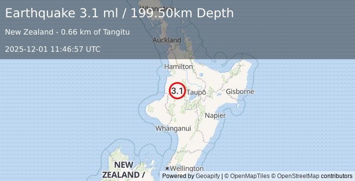 Earthquake NORTH ISLAND OF NEW ZEALAND (3.1 ml) (2025-12-01 11:46:57 UTC)