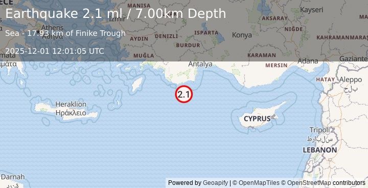 Earthquake EASTERN MEDITERRANEAN SEA (2.1 ml) (2025-12-01 12:01:05 UTC)