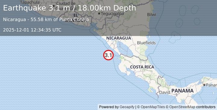 Earthquake NEAR COAST OF NICARAGUA (3.1 m) (2025-12-01 12:34:35 UTC)