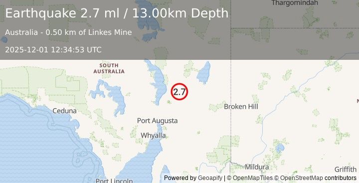Earthquake SOUTH AUSTRALIA (2.7 ml) (2025-12-01 12:34:53 UTC)