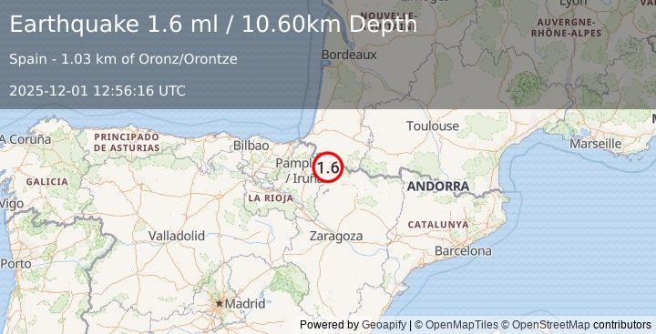 Earthquake PYRENEES (1.6 ml) (2025-12-01 12:56:16 UTC)