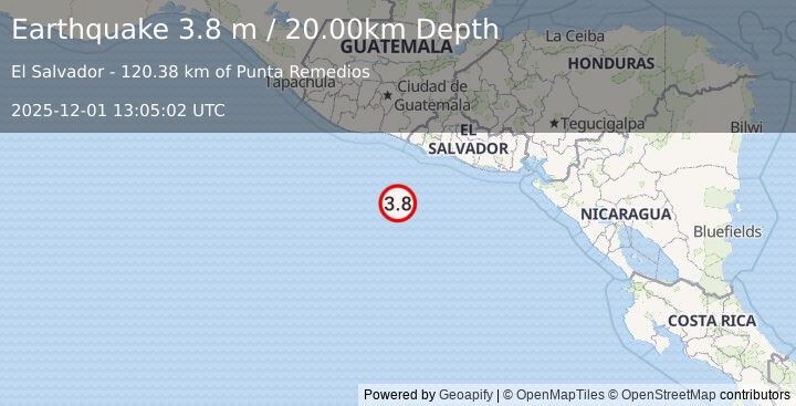Earthquake OFF THE COAST OF EL SALVADOR (3.8 m) (2025-12-01 13:05:02 UTC)
