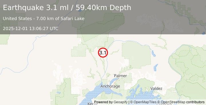 Earthquake CENTRAL ALASKA (3.1 ml) (2025-12-01 13:06:27 UTC)