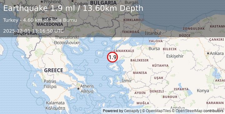 Earthquake NEAR THE COAST OF WESTERN TURKEY (1.9 ml) (2025-12-01 13:16:50 UTC)