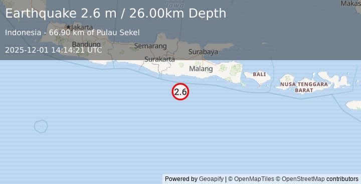 Earthquake SOUTH OF JAVA, INDONESIA (2.6 m) (2025-12-01 14:14:21 UTC)