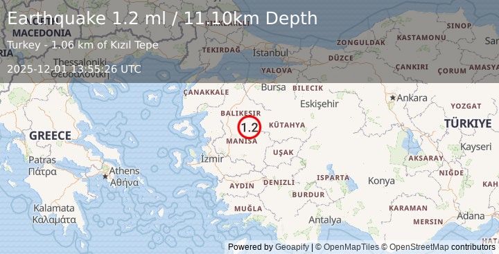 Earthquake WESTERN TURKEY (1.2 ml) (2025-12-01 13:55:26 UTC)