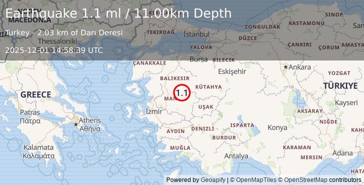 Earthquake WESTERN TURKEY (1.1 ml) (2025-12-01 14:58:39 UTC)