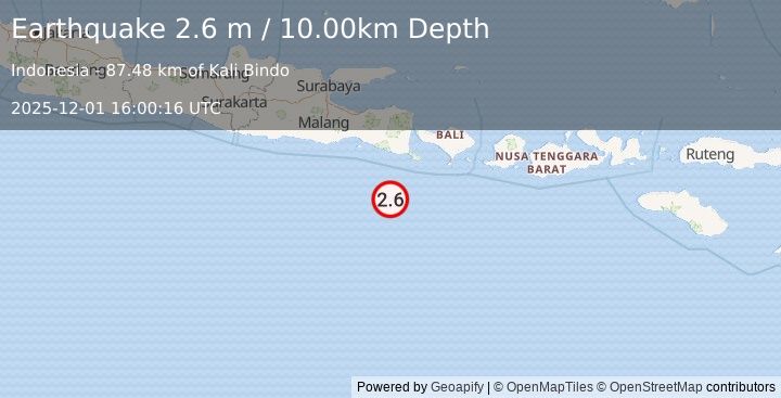 Earthquake SOUTH OF JAVA, INDONESIA (2.6 m) (2025-12-01 16:00:16 UTC)
