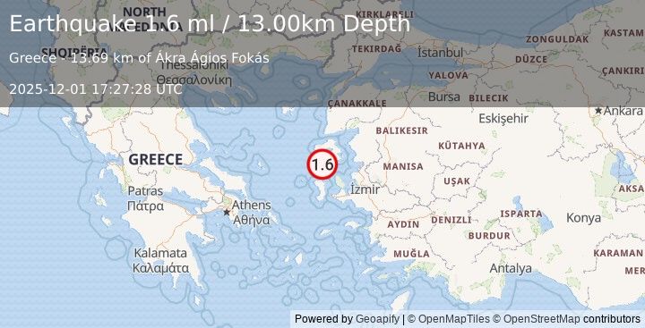 Earthquake NEAR THE COAST OF WESTERN TURKEY (1.6 ml) (2025-12-01 17:27:28 UTC)