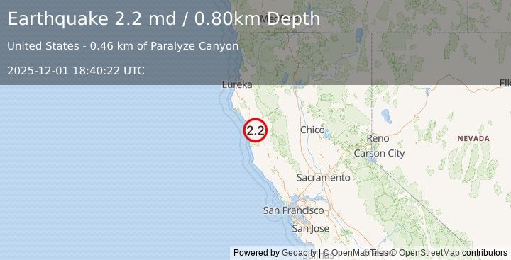 Earthquake NORTHERN CALIFORNIA (2.2 md) (2025-12-01 18:40:22 UTC)