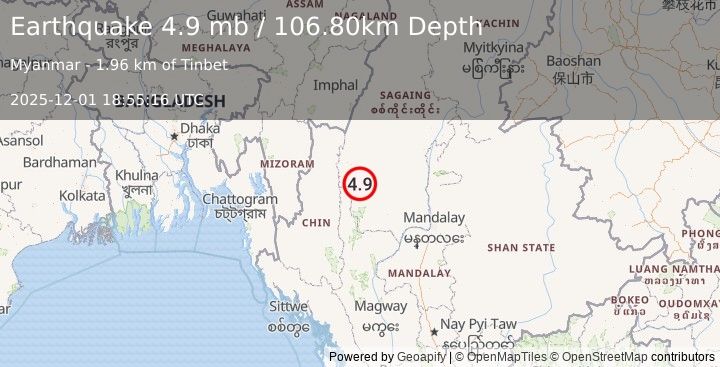 Earthquake MYANMAR (4.9 mb) (2025-12-01 18:55:16 UTC)