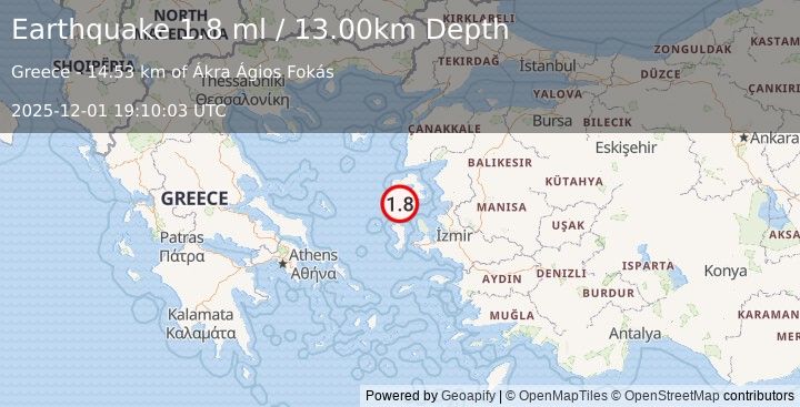 Earthquake NEAR THE COAST OF WESTERN TURKEY (1.8 ml) (2025-12-01 19:10:03 UTC)