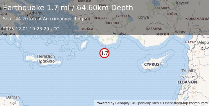 Earthquake EASTERN MEDITERRANEAN SEA (1.8 ml) (2025-12-01 19:23:30 UTC)
