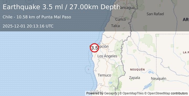 Earthquake OFFSHORE BIO-BIO, CHILE (3.5 ml) (2025-12-01 20:13:16 UTC)