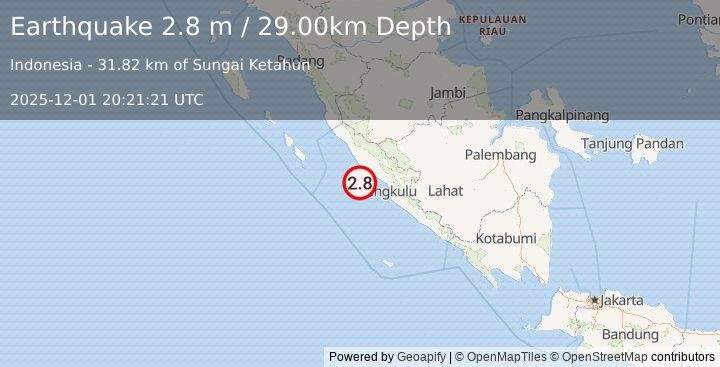 Earthquake SOUTHERN SUMATRA, INDONESIA (2.8 m) (2025-12-01 20:21:21 UTC)