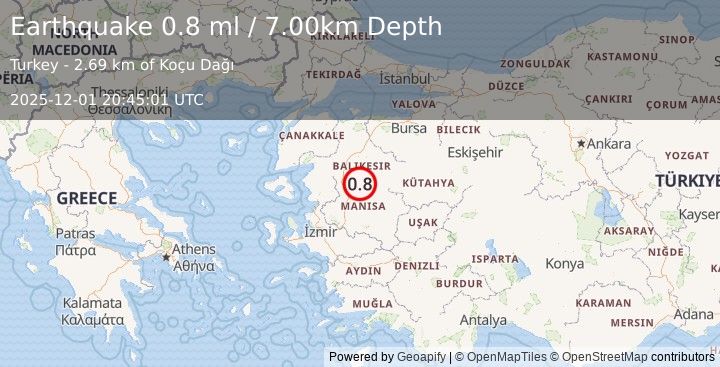 Earthquake WESTERN TURKEY (0.8 ml) (2025-12-01 20:45:01 UTC)