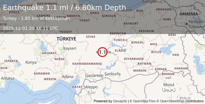 Earthquake EASTERN TURKEY (1.1 ml) (2025-12-01 20:46:11 UTC)
