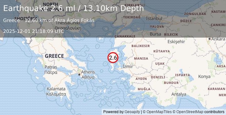 Earthquake NEAR THE COAST OF WESTERN TURKEY (2.6 ml) (2025-12-01 21:18:08 UTC)
