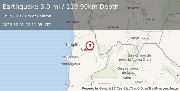 Earthquake ANTOFAGASTA, CHILE (3.0 ml) (2025-12-01 22:11:05 UTC)