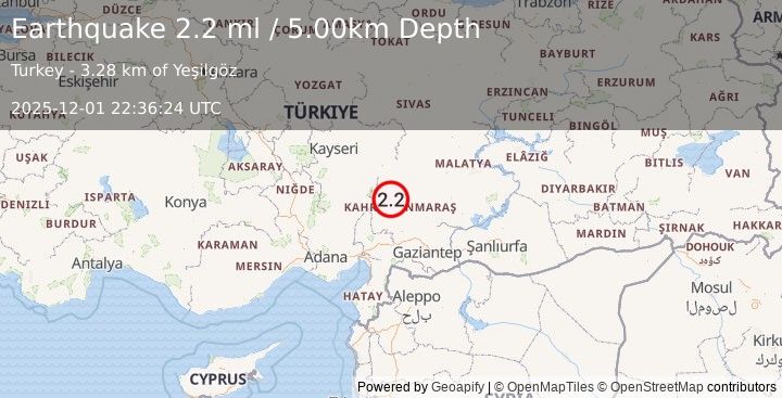 Earthquake CENTRAL TURKEY (2.2 ml) (2025-12-01 22:36:24 UTC)