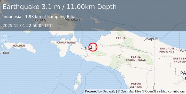 Earthquake PAPUA, INDONESIA (3.1 m) (2025-12-01 22:50:06 UTC)