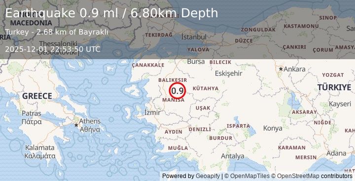 Earthquake WESTERN TURKEY (0.9 ml) (2025-12-01 22:53:50 UTC)