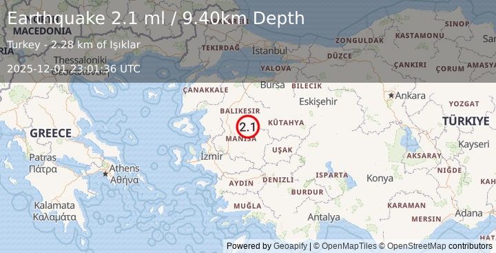 Earthquake WESTERN TURKEY (2.1 ml) (2025-12-01 23:01:36 UTC)