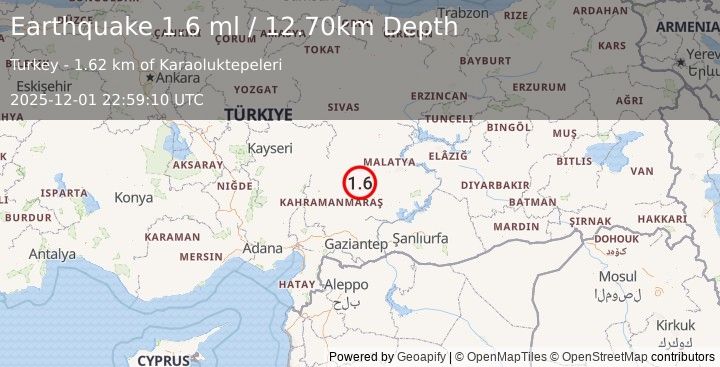 Earthquake CENTRAL TURKEY (1.6 ml) (2025-12-01 22:59:10 UTC)