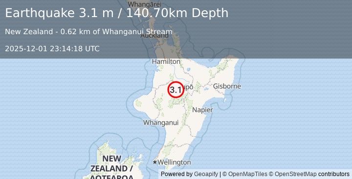 Earthquake NORTH ISLAND OF NEW ZEALAND (3.1 m) (2025-12-01 23:14:18 UTC)
