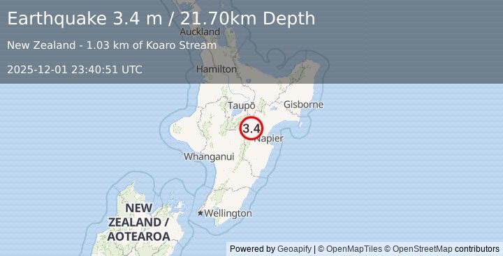 Earthquake NORTH ISLAND OF NEW ZEALAND (3.4 m) (2025-12-01 23:40:51 UTC)